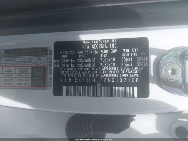 2022 Kia Sorento Ex მანქანა იყიდება აუქციონზე, vin: 5XYRH4LF8NG132108, აუქციონის ნომერი: 45033280