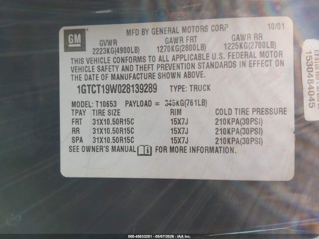 Aukcja sprzedaży 2002 Gmc Sonoma Sls, vin: 1GTCT19W028139289, numer aukcji: 45033281