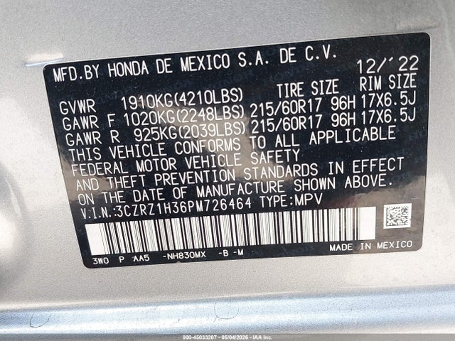 Aukcja sprzedaży 2023 Honda Hr-v 2wd Lx, vin: 3CZRZ1H36PM726464, numer aukcji: 45033287