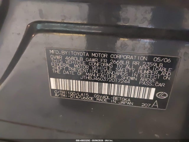 Aukcja sprzedaży 2007 Lexus Es 350, vin: JTHBJ46G372017244, numer aukcji: 45033292