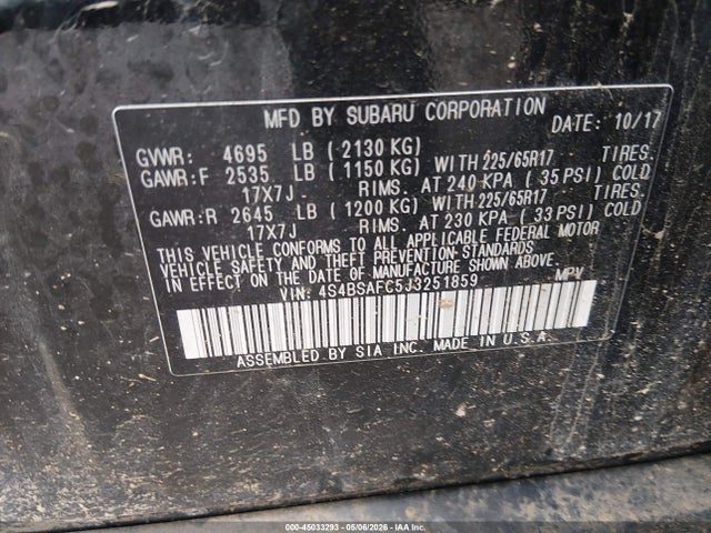 45033293 :رقم المزاد ، 4S4BSAFC5J3251859 vin ، 2018 Subaru Outback 2.5i Premium مزاد بيع