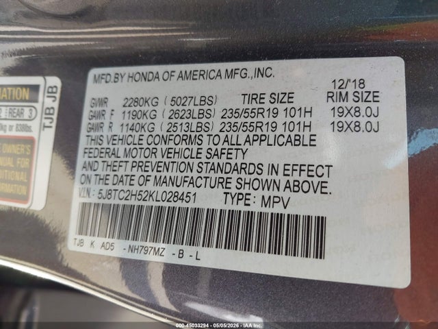 45033294 :رقم المزاد ، 5J8TC2H52KL028451 vin ، 2019 Acura Rdx Technology Package مزاد بيع