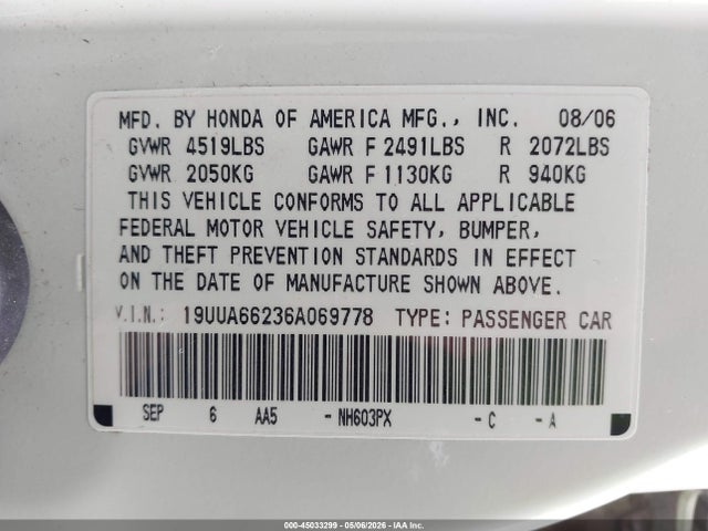 Продажа на аукционе авто 2006 Acura Tl, vin: 19UUA66236A069778, номер лота: 45033299
