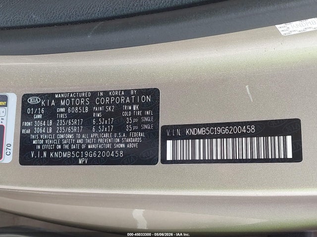 2016 Kia Sedona Lx მანქანა იყიდება აუქციონზე, vin: KNDMB5C19G6200458, აუქციონის ნომერი: 45033300