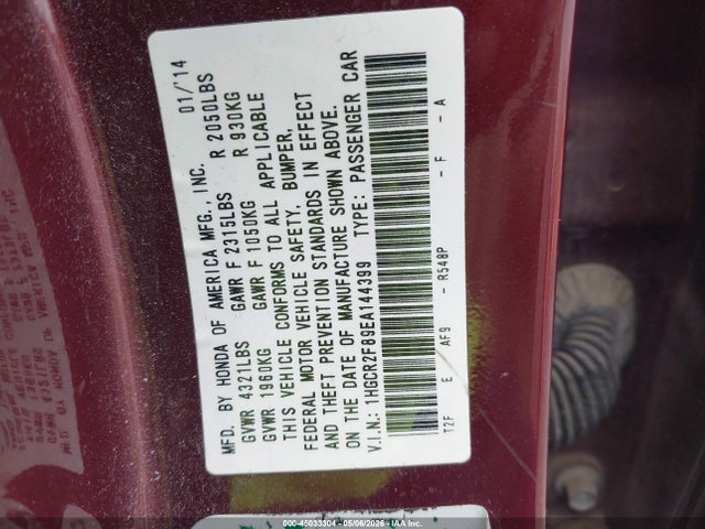 1HGCR2F89EA144399 Honda Accord Ex-l