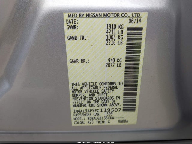 1N4AL3AP5FC119507 Nissan Altima 2.5/2.5 S/2.5 Sl/2.5 Sv