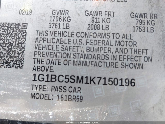 45033318 :رقم المزاد ، 1G1BC5SM1K7150196 vin ، 2019 Chevrolet Cruze Ls مزاد بيع