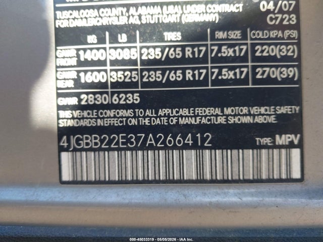2007 Mercedes-benz Ml 320 Cdi 4matic მანქანა იყიდება აუქციონზე, vin: 4JGBB22E37A266412, აუქციონის ნომერი: 45033319