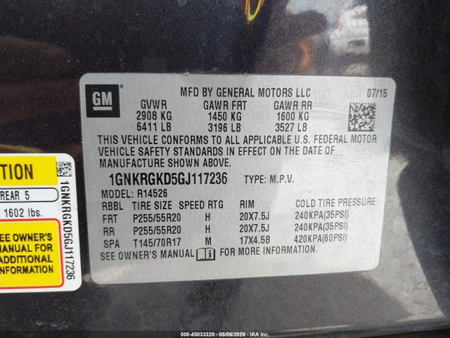 Продажа на аукционе авто 2016 Chevrolet Traverse 1lt, vin: 1GNKRGKD5GJ117236, номер лота: 45033320