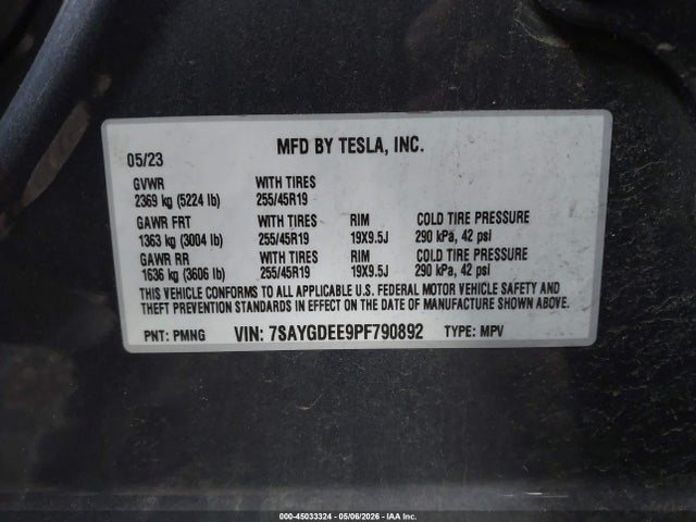 45033324 :رقم المزاد ، 7SAYGDEE9PF790892 vin ، 2023 Tesla Model Y Awd/long Range Dual Motor All-wheel Drive مزاد بيع