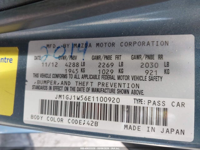 45033328 :رقم المزاد ، JM1GJ1W56E1100920 vin ، 2014 Mazda Mazda6 I Grand Touring مزاد بيع