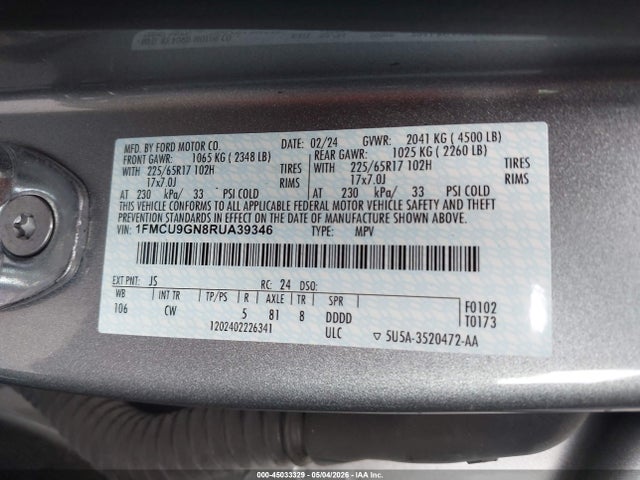 Aukcja sprzedaży 2024 Ford Escape Active, vin: 1FMCU9GN8RUA39346, numer aukcji: 45033329