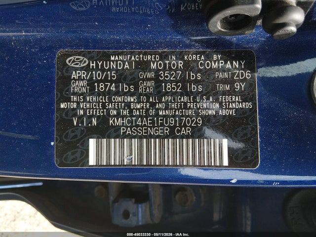 45033330 :رقم المزاد ، KMHCT4AE1FU917029 vin ، 2015 Hyundai Accent Gls مزاد بيع