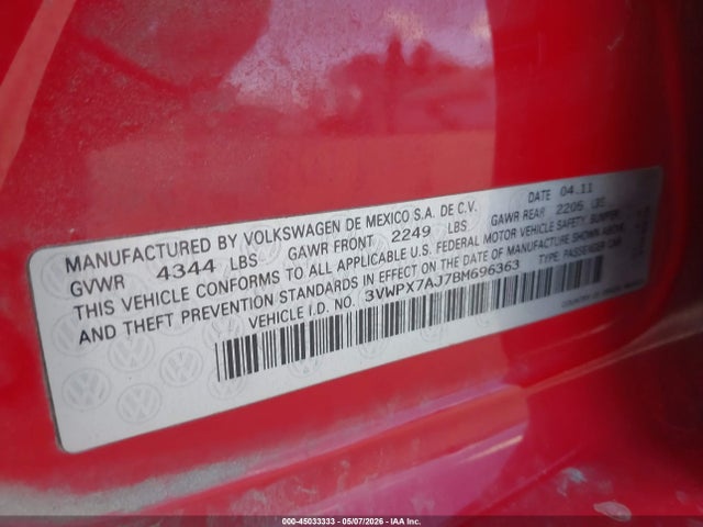 Auction sale of the 2011 Volkswagen Jetta Sportwagen 2.5l S, vin: 3VWPX7AJ7BM696363, lot number: 45033333