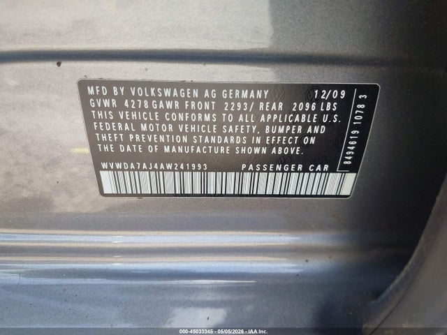 2010 Volkswagen Golf 4-door მანქანა იყიდება აუქციონზე, vin: WVWDA7AJ4AW241993, აუქციონის ნომერი: 45033345