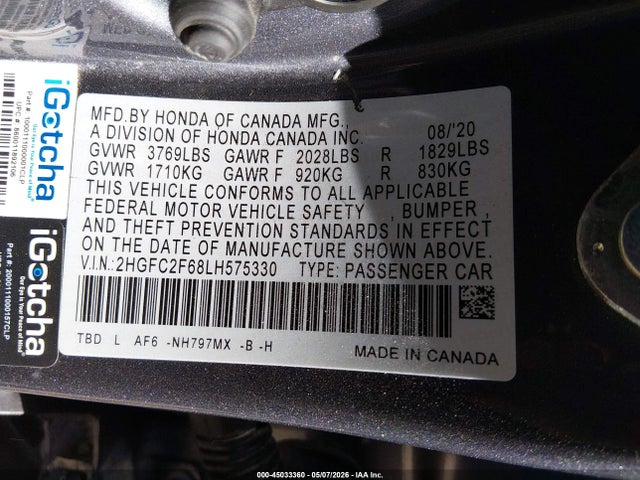 Продаж на аукціоні авто 2020 Honda Civic Lx, vin: 2HGFC2F68LH575330, номер лоту: 45033360
