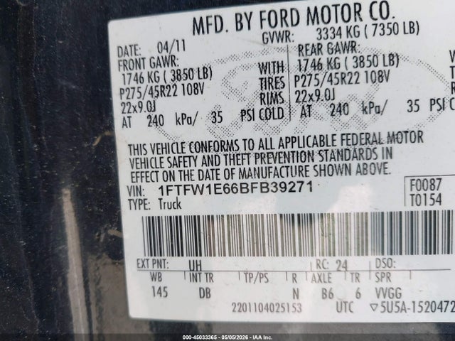 2011 Ford F-150 Harley-davidson მანქანა იყიდება აუქციონზე, vin: 1FTFW1E66BFB39271, აუქციონის ნომერი: 45033365