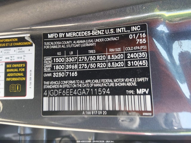 Aukcja sprzedaży 2016 Mercedes-benz Gl 450 4matic, vin: 4JGDF6EE4GA711594, numer aukcji: 45033366