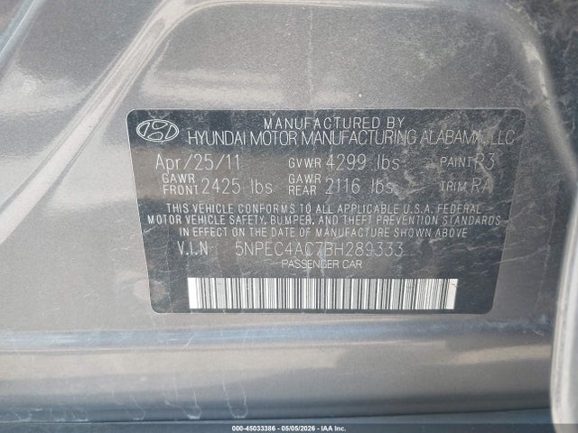 Продаж на аукціоні авто 2011 Hyundai Sonata Se, vin: 5NPEC4AC7BH289333, номер лоту: 45033386