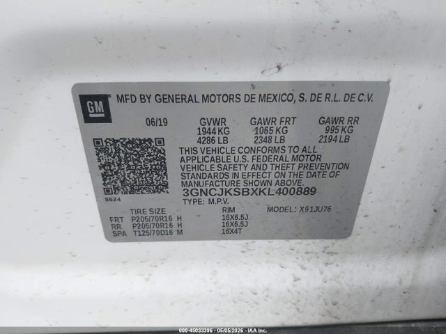 45033396 :رقم المزاد ، 3GNCJKSBXKL400889 vin ، 2019 Chevrolet Trax Ls مزاد بيع