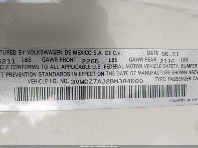 45033402 :رقم المزاد ، 3VWDZ7AJ2BM384500 vin ، 2011 Volkswagen Jetta 2.5l Se مزاد بيع