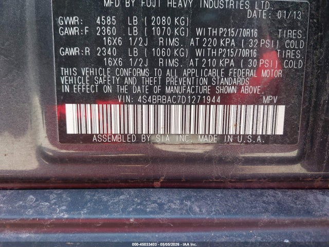 2013 Subaru Outback 2.5i მანქანა იყიდება აუქციონზე, vin: 4S4BRBAC7D1271944, აუქციონის ნომერი: 45033403