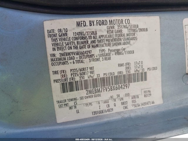 2011 Mercury Grand Marquis Ls (fleet Only) მანქანა იყიდება აუქციონზე, vin: 2MEBM7FV5BX604297, აუქციონის ნომერი: 45033409