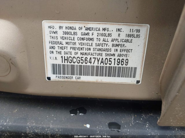 45033411 :رقم المزاد ، 1HGCG5647YA051969 vin ، 2000 Honda Accord 2.3 Lx مزاد بيع