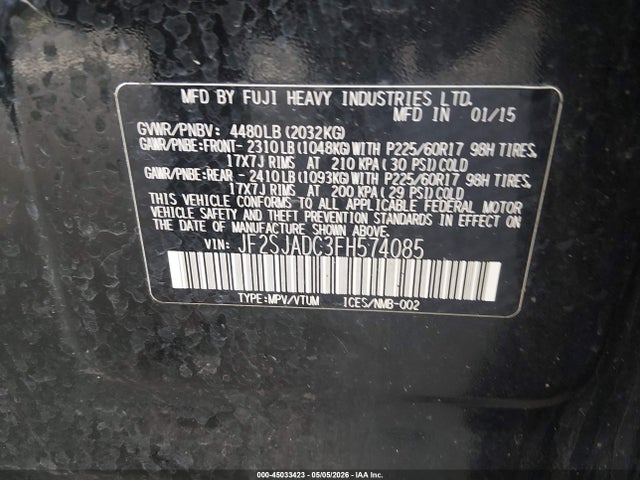 45033423 :رقم المزاد ، JF2SJADC3FH574085 vin ، 2015 Subaru Forester 2.5i Premium مزاد بيع