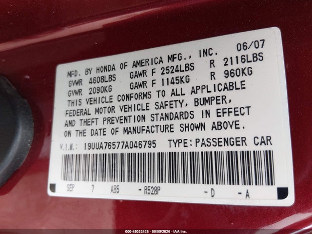 Aukcja sprzedaży 2007 Acura Tl Type S, vin: 19UUA76577A046795, numer aukcji: 45033426