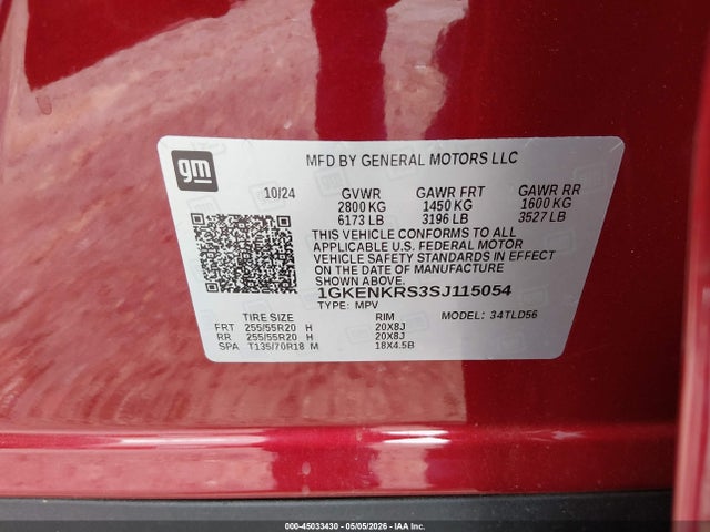 Aukcja sprzedaży 2025 Gmc Acadia Fwd Elevation, vin: 1GKENKRS3SJ115054, numer aukcji: 45033430