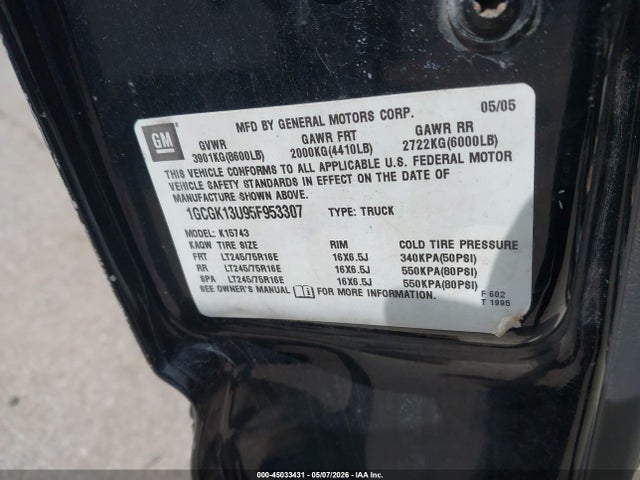 45033431 :رقم المزاد ، 1GCGK13U95F953307 vin ، 2005 Chevrolet Silverado 1500hd Ls مزاد بيع