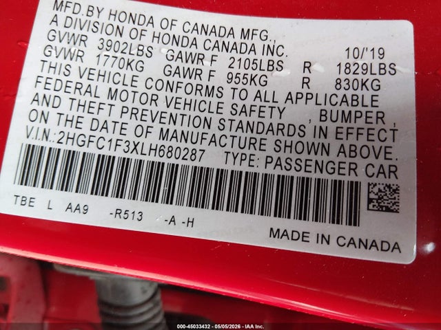 Honda CIVIC EX 2020 2HGFC1F3XLH680287 Image 9