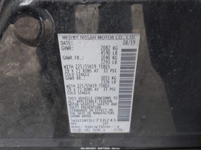 45033433 :رقم المزاد ، 5N1AT2MT3LC710245 vin ، 2020 Nissan Rogue Sl Fwd مزاد بيع
