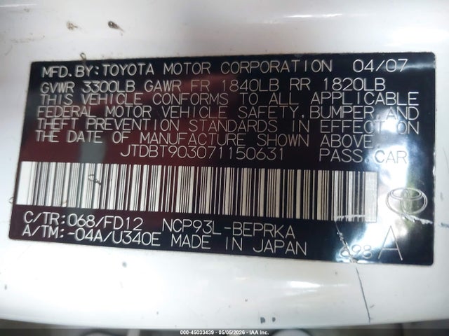 Продаж на аукціоні авто 2007 Toyota Yaris, vin: JTDBT903071150631, номер лоту: 45033439