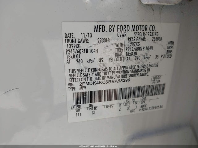 Продажа на аукционе авто 2011 Ford Edge Limited, vin: 2FMDK4KC6BBA58296, номер лота: 45033440