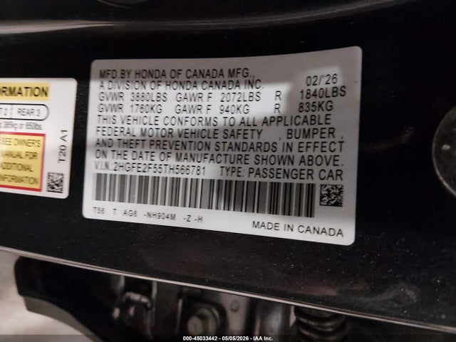 Продаж на аукціоні авто 2026 Honda Civic Sport, vin: 2HGFE2F55TH566781, номер лоту: 45033442