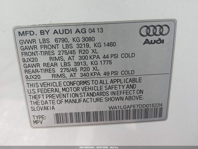 Aukcja sprzedaży 2013 Audi Q7 3.0t Premium, vin: WA1LGAFE7DD015234, numer aukcji: 45033443
