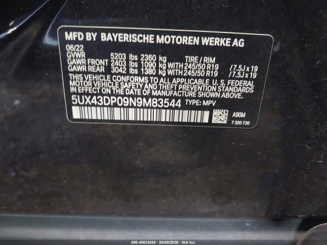 2022 Bmw X3 Sdrive30i მანქანა იყიდება აუქციონზე, vin: 5UX43DP09N9M83544, აუქციონის ნომერი: 45033454