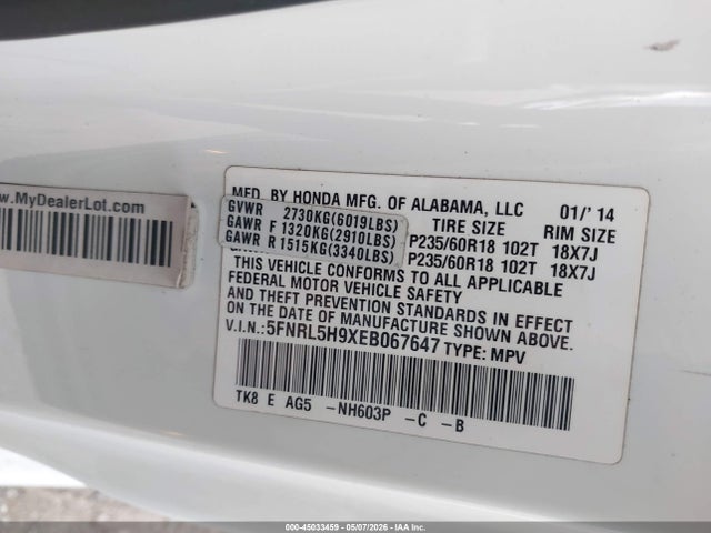 Продажа на аукционе авто 2014 Honda Odyssey Touring/touring Elite, vin: 5FNRL5H9XEB067647, номер лота: 45033459