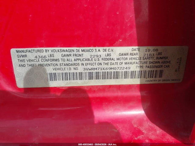 45033463 :رقم المزاد ، 3VWRM71K69M072249 vin ، 2009 Volkswagen Jetta Se/sel مزاد بيع