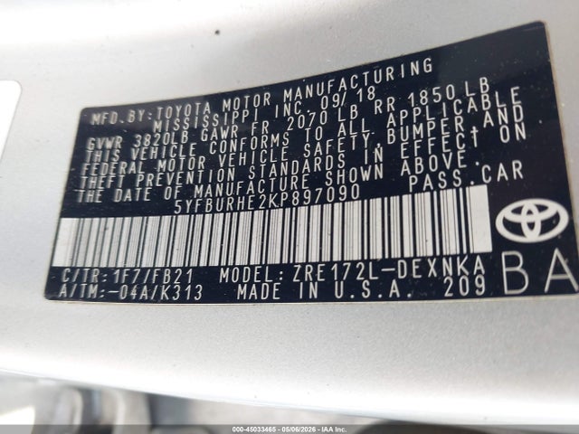 2019 Toyota Corolla Le მანქანა იყიდება აუქციონზე, vin: 5YFBURHE2KP897090, აუქციონის ნომერი: 45033465