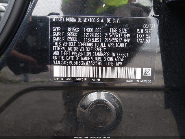 45033466 :رقم المزاد ، 3CZRU5H53MM732595 vin ، 2021 Honda Hr-v 2wd Ex مزاد بيع
