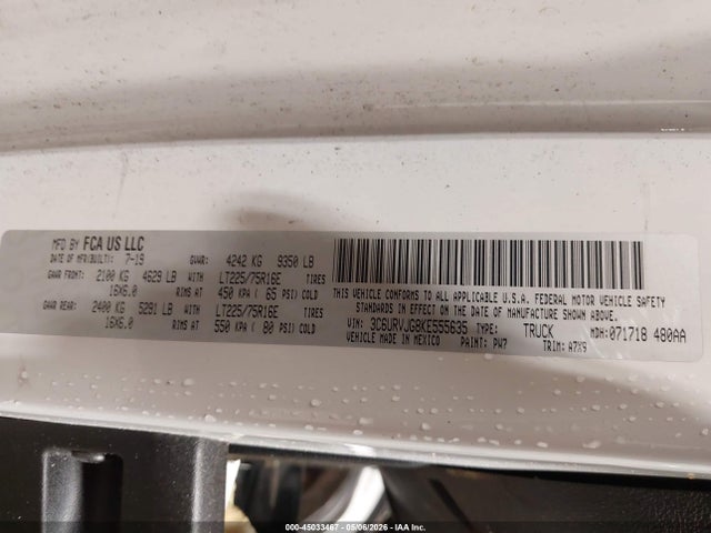 Aukcja sprzedaży 2019 Ram Promaster 3500 Cargo Van High Roof 159 Wb Ext, vin: 3C6URVJG8KE555635, numer aukcji: 45033467
