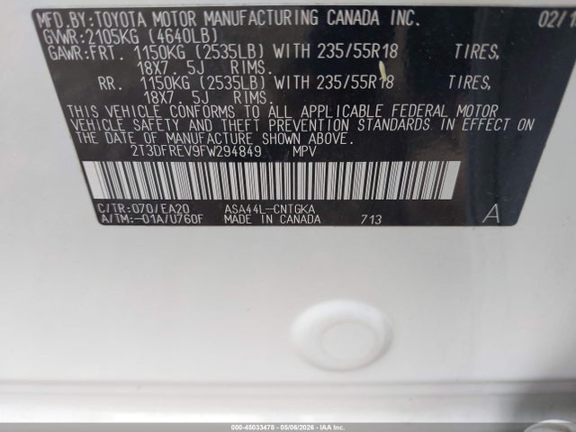 Aukcja sprzedaży 2015 Toyota Rav4 Limited, vin: 2T3DFREV9FW294849, numer aukcji: 45033478