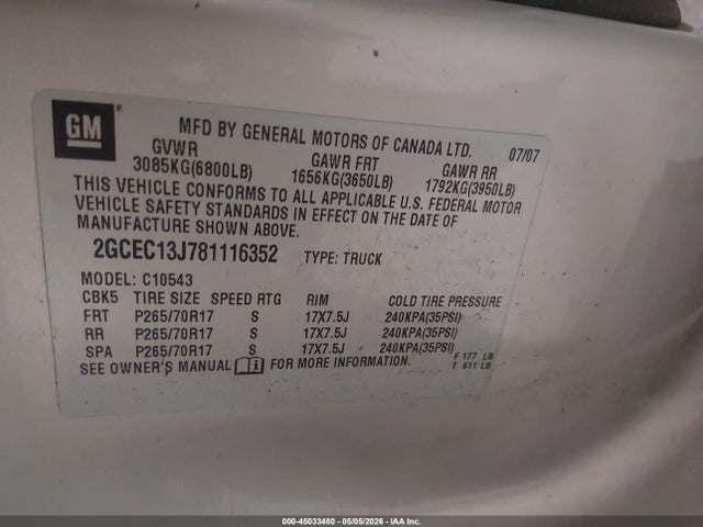 2008 Chevrolet Silverado 1500 Lt1 მანქანა იყიდება აუქციონზე, vin: 2GCEC13J781116352, აუქციონის ნომერი: 45033480