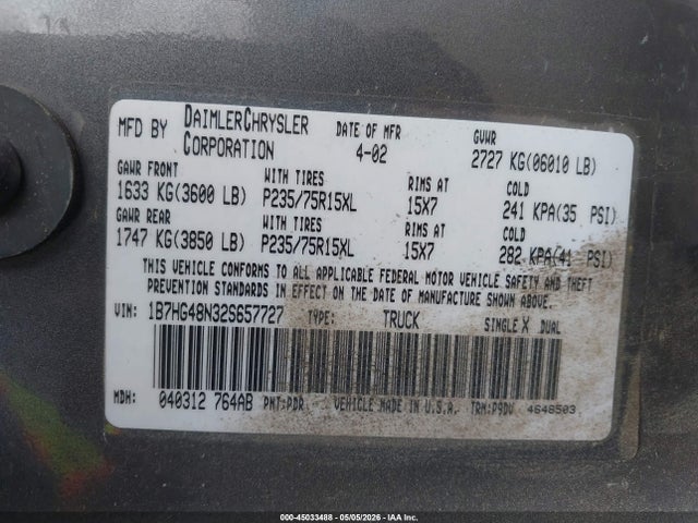 45033488 :رقم المزاد ، 1B7HG48N32S657727 vin ، 2002 Dodge Dakota Slt مزاد بيع