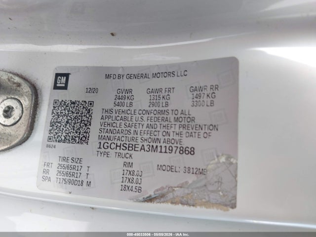 Aukcja sprzedaży 2021 Chevrolet Colorado 2wd  Long Box Wt, vin: 1GCHSBEA3M1197868, numer aukcji: 45033506