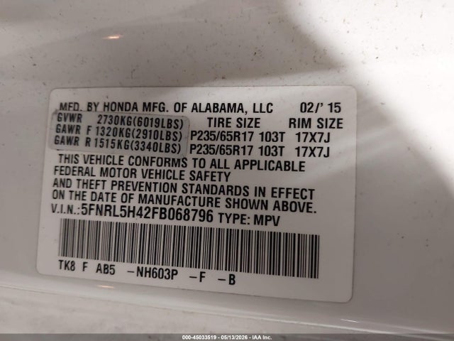 Aukcja sprzedaży 2015 Honda Odyssey Ex, vin: 5FNRL5H42FB068796, numer aukcji: 45033519