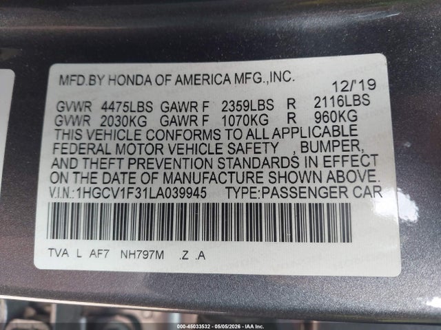 1HGCV1F31LA039945 Honda Accord Sport